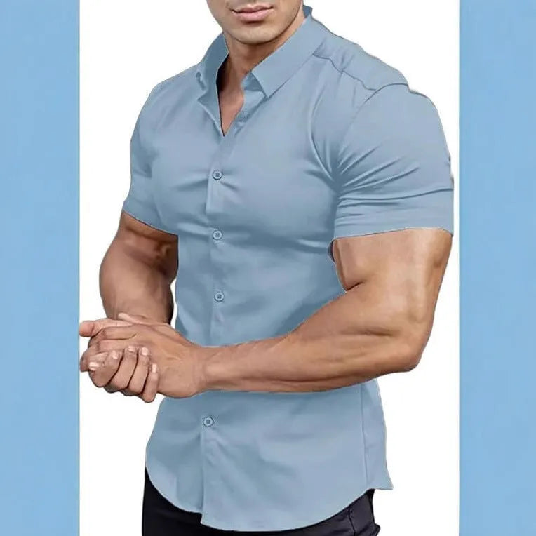 Men's brown short sleeve casual printed shirt with a collar on a hanger.