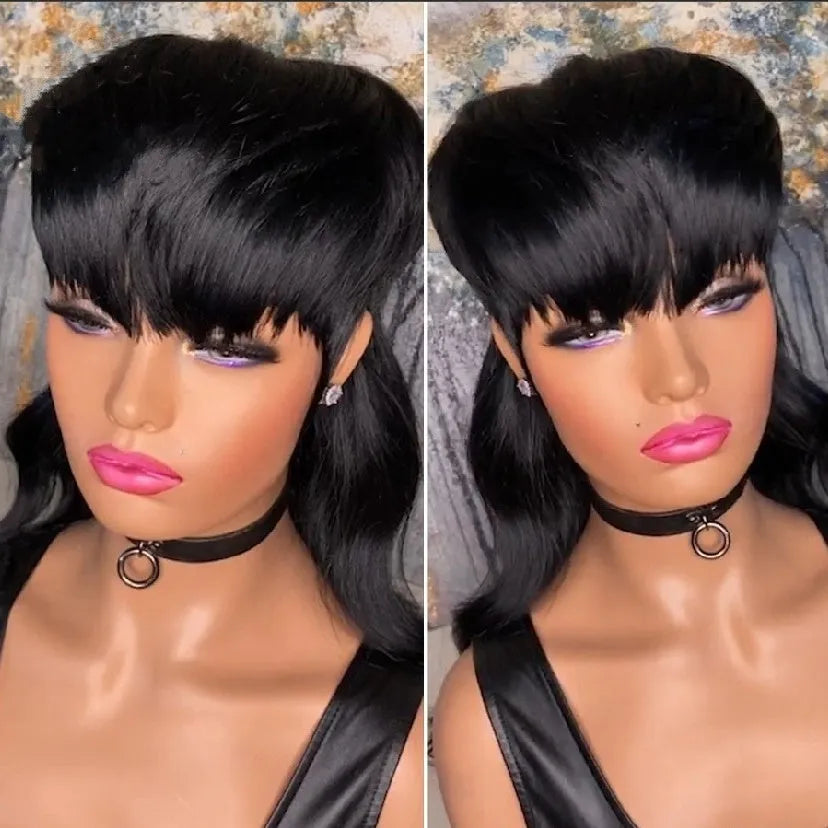 Black Brazilian wig with front bangs and layered long back styling