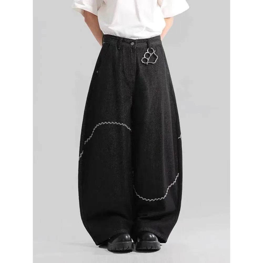 Black straight-leg polyester denim trousers on a hanger, showing mid-waist fit and zip fly.