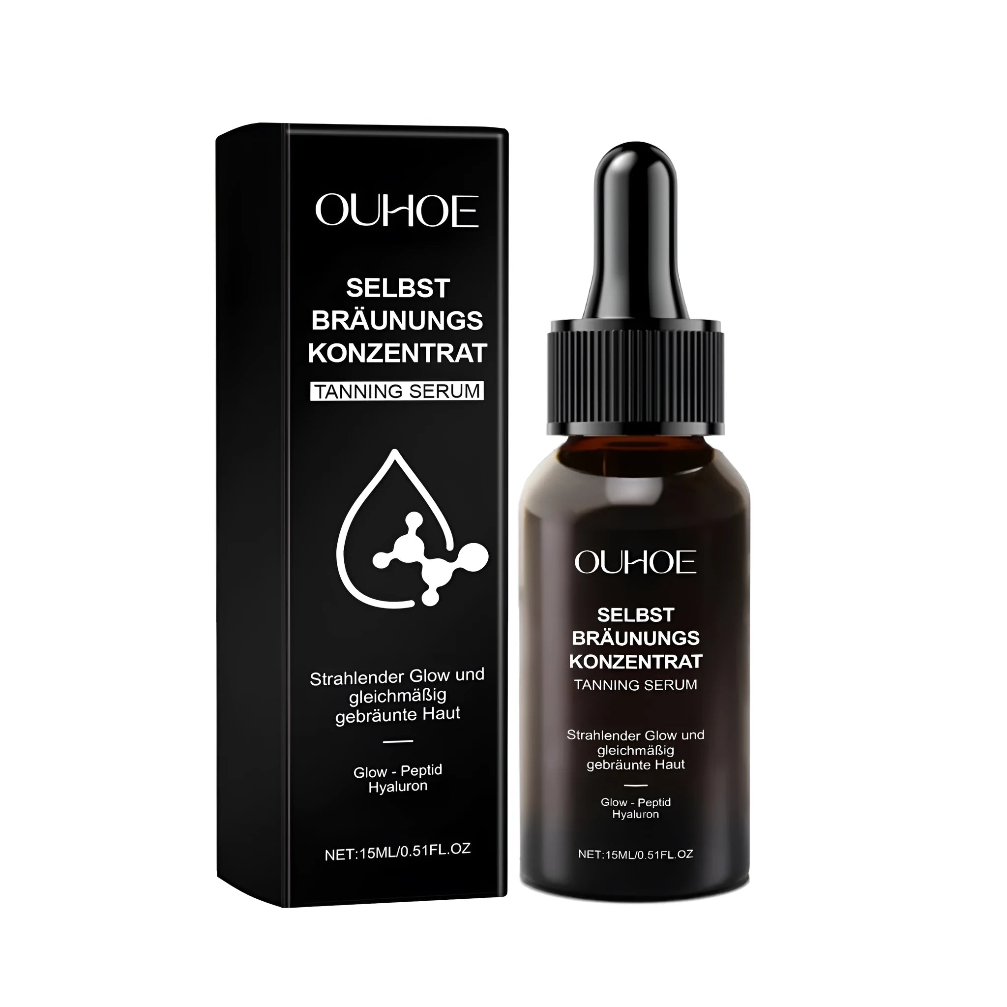 15ml bottle of Meihei tanning liquid bronzer with hyaluronic acid on skin.