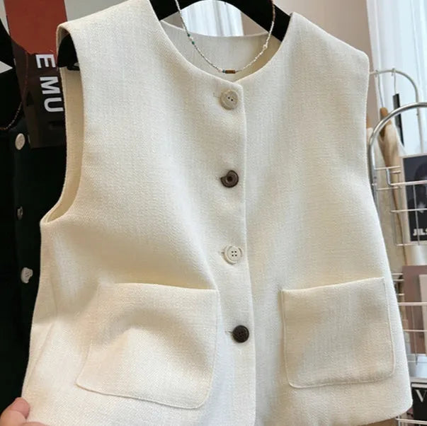 Women's round neck sleeveless vest in polyester with French bandage style, shown in milky white and black colours