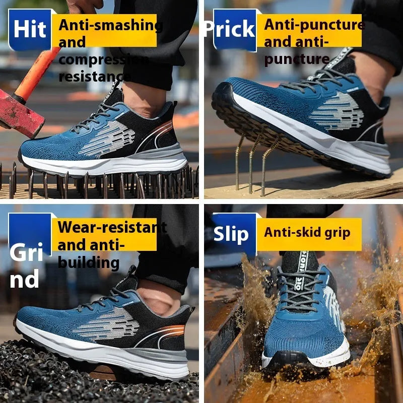 Blue men's low-top lace-up safety work shoes with mesh upper and plastic toe cap on a non-slip sole.