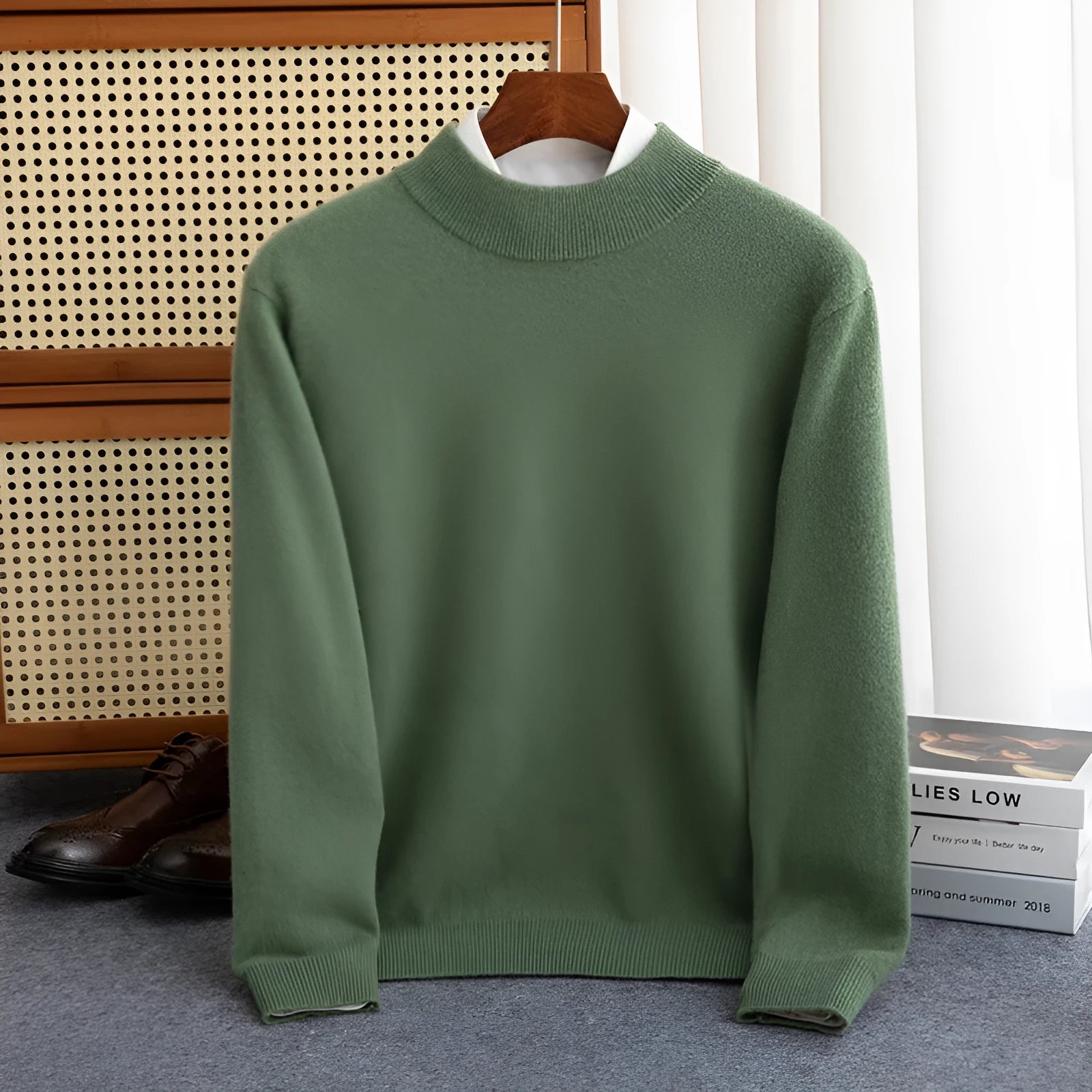Men's half-collar wool sweater in a loose fit, shown in a choice of colours including black, brown, camel, and grey.