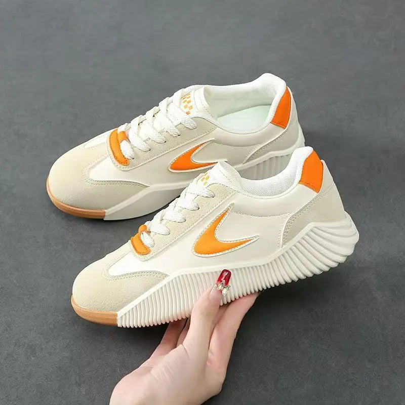 Artificial PU leather casual sneakers with flower pattern, flat heel, round toe, available in beige orange colour