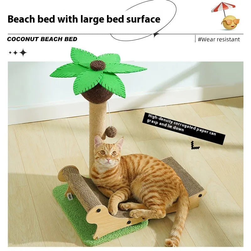 Wooden beach chair-style cat climbing frame with integrated hemp scratch mat and pet nest.