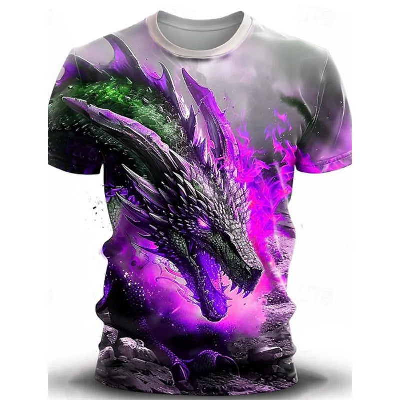 Men's grey T-shirt with a large, detailed 3D blue and white wind dragon print across the chest.