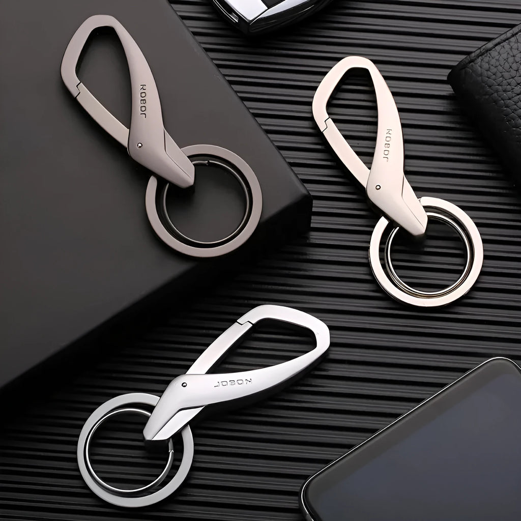 Zinc alloy double-ring keychain for waist attachment in black, chrome, or nickel colours