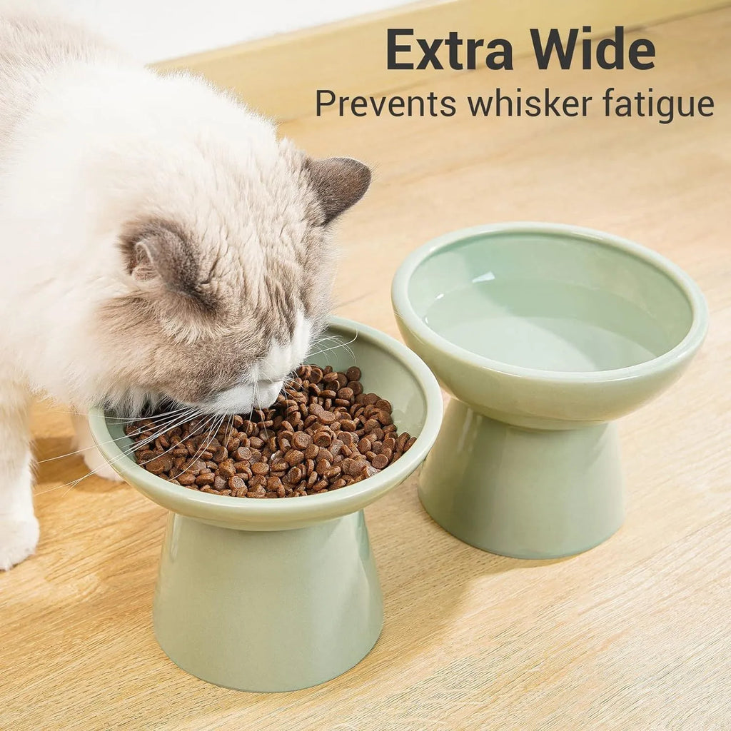 Extra wide elevated ceramic cat food and water bowl in blue, green, pink or white