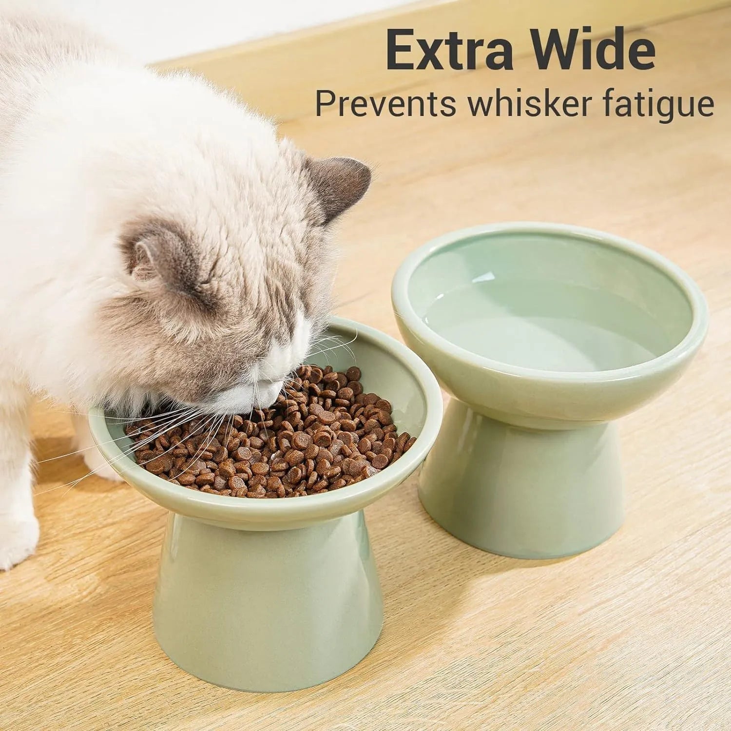 Extra wide elevated ceramic cat food and water bowl in blue, green, pink or white