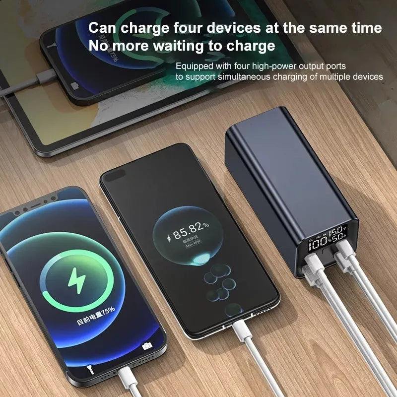 65W metal power bank with 20000mAh capacity for laptop charging, shown in black, blue, or grey.