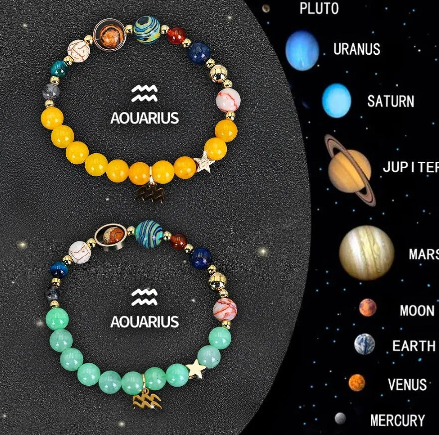 Set of twelve natural stone beaded bracelets, each with a different zodiac sign charm, on a white background.
