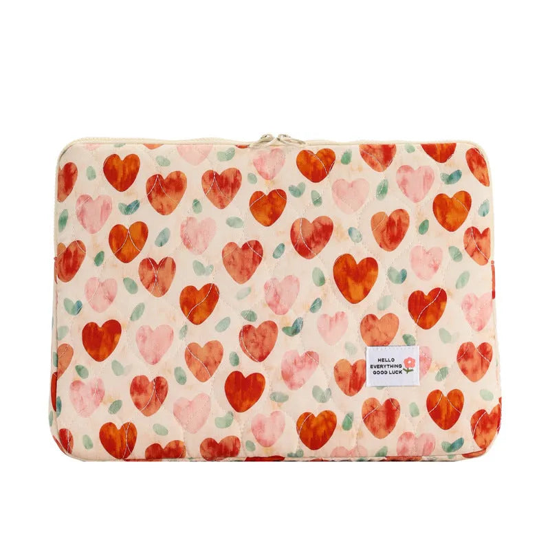 Women's printed cloth laptop bag with floral pattern showing anti-shock protection and storage compartments