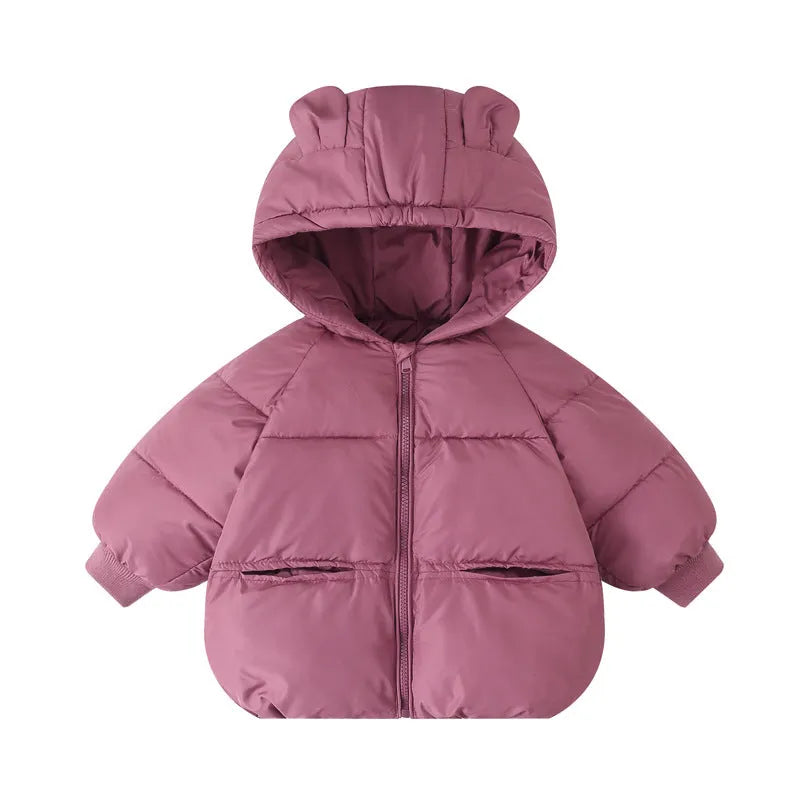 Cartoon children's down and wadded jacket in solid colour, polyester filling, Korean style, available in brown black pink Milky White for 90-130cm height.