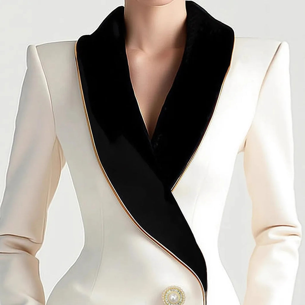 Women's milky white beige TR polyester coat with golden edge pearl buttons and irregular cut