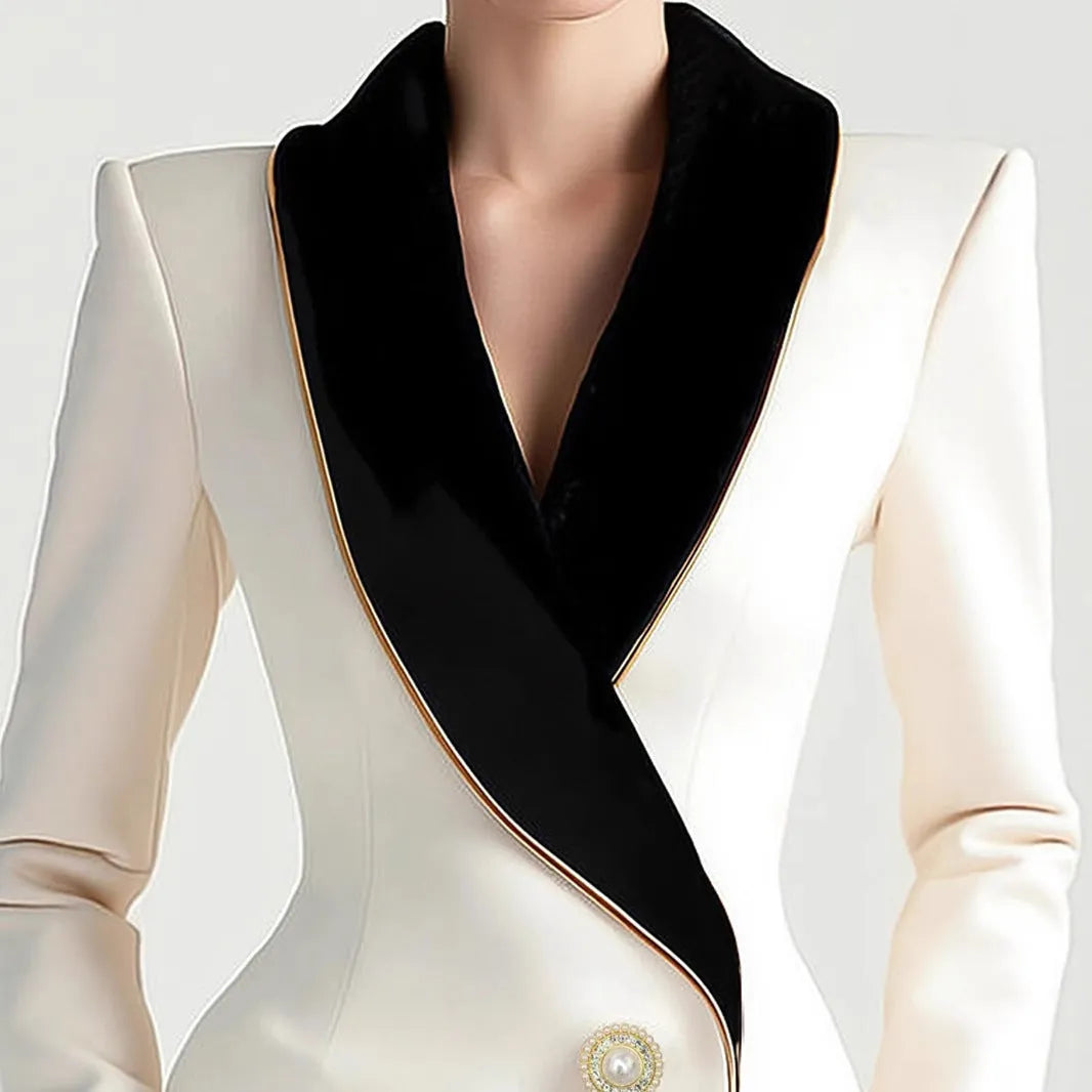 Women's milky white beige TR polyester coat with golden edge pearl buttons and irregular cut