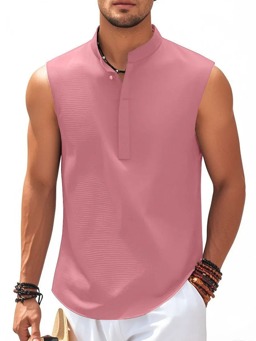 Men's stand collar sleeveless vest in striped jacquard weave, shown in front view, available in 9 colours