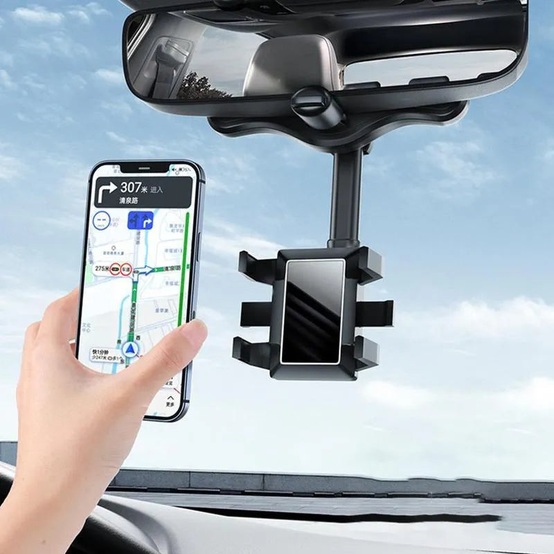 Black rearview mirror phone holder with 360-degree rotation and telescopic arm extended
