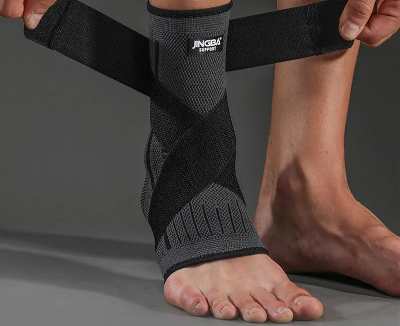 Black sports ankle support brace shown on an ankle, suitable for running and basketball.