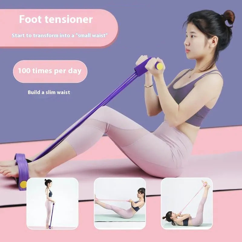Yoga four-piece fitness set with leg stretching device, yoga ring, pedal tensioner, and figure eight tension rope