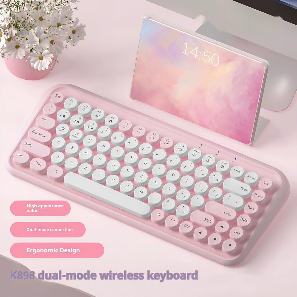 Pink wireless Bluetooth keyboard with 84 keys and compact 339mm design