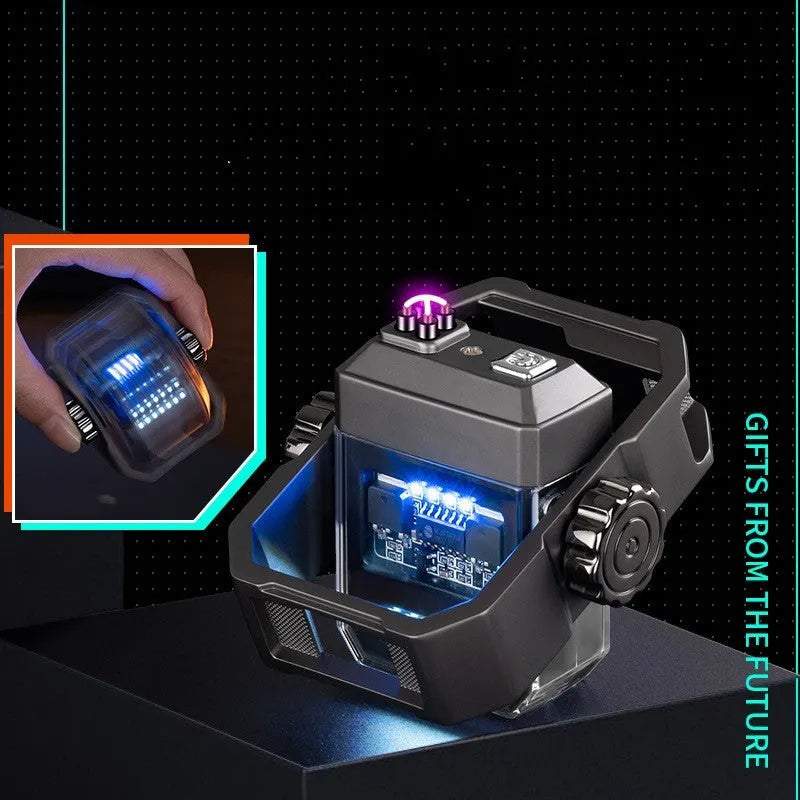Blue Pulse double arc windproof electric lighter with mechanical gyroscope and USB Type-C charging port.
