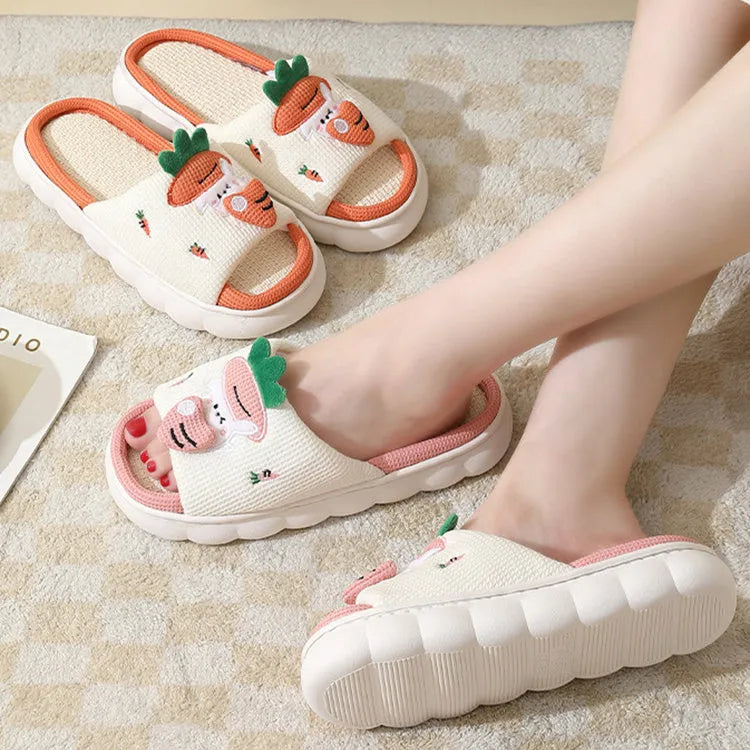 Cute carrot rabbit linen slippers with non-slip thick bottom in orange
