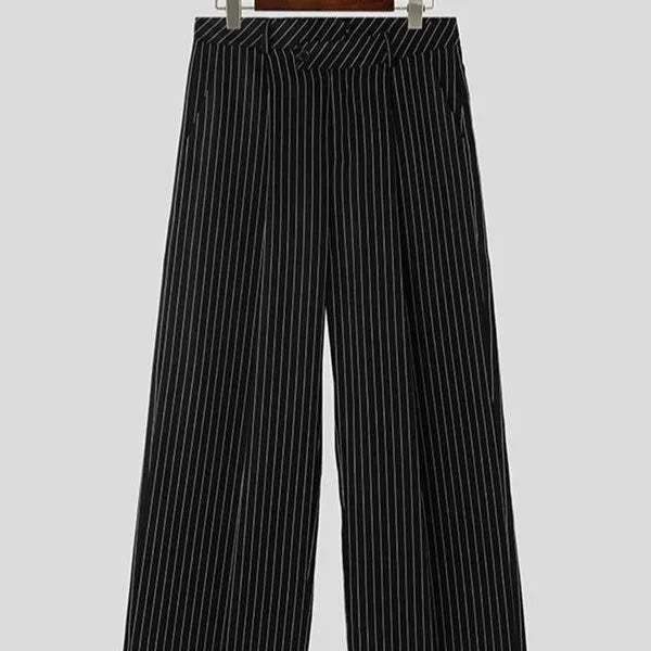 Black vertical striped pleated men's casual trousers with high elasticity fabric