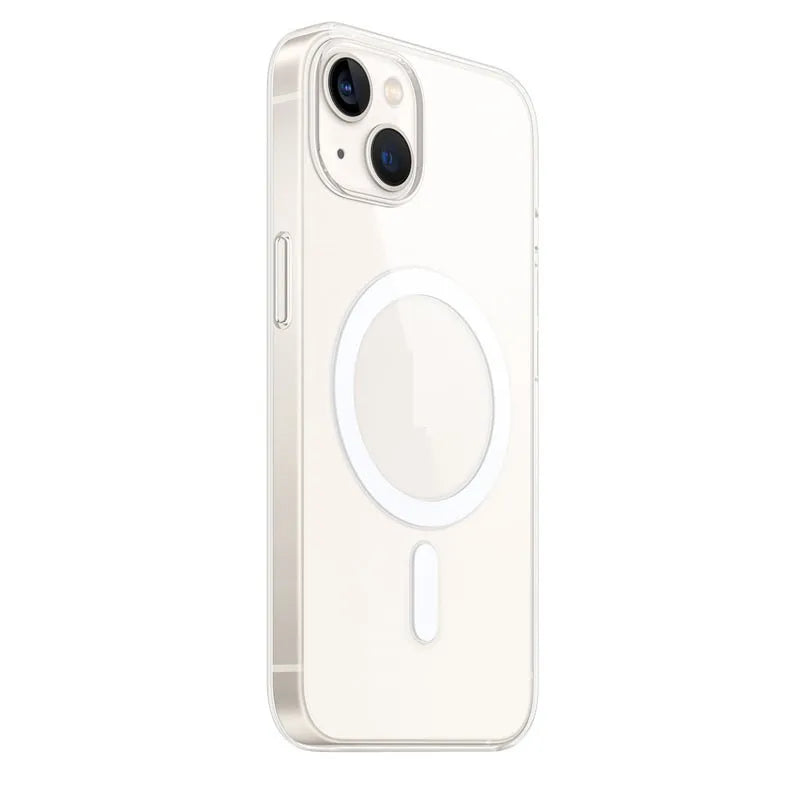 Transparent magnetic back cover phone case for iPhone models on white background
