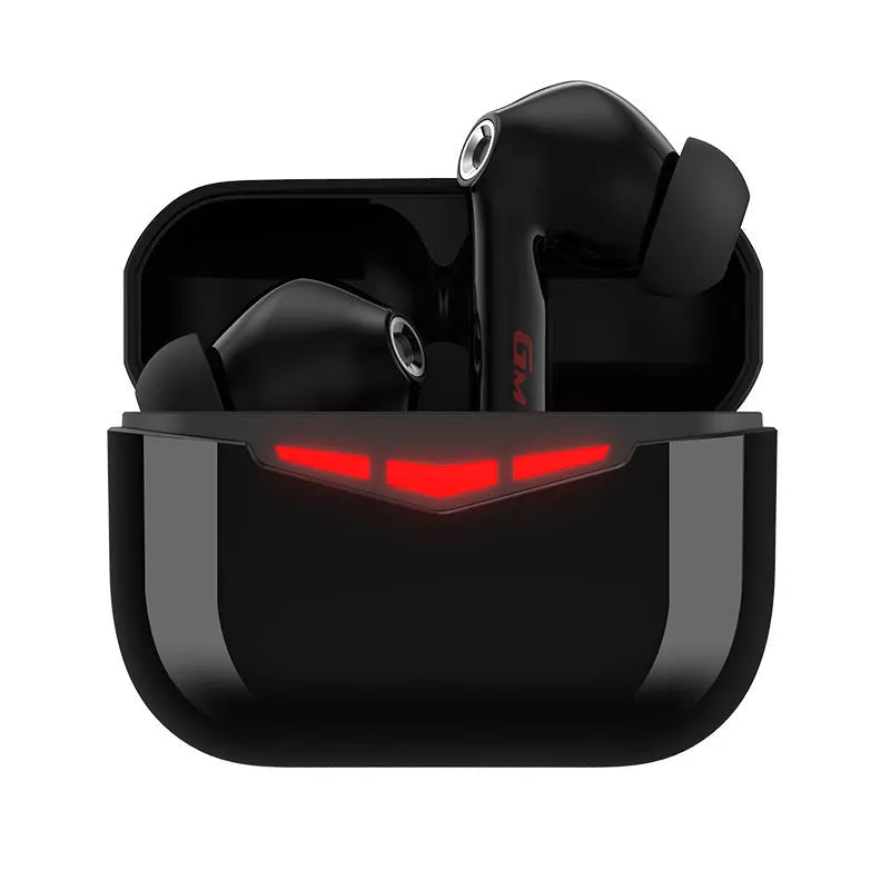 True wireless Bluetooth gaming in-ear headphones with charging case in black, pink, white, or grey.