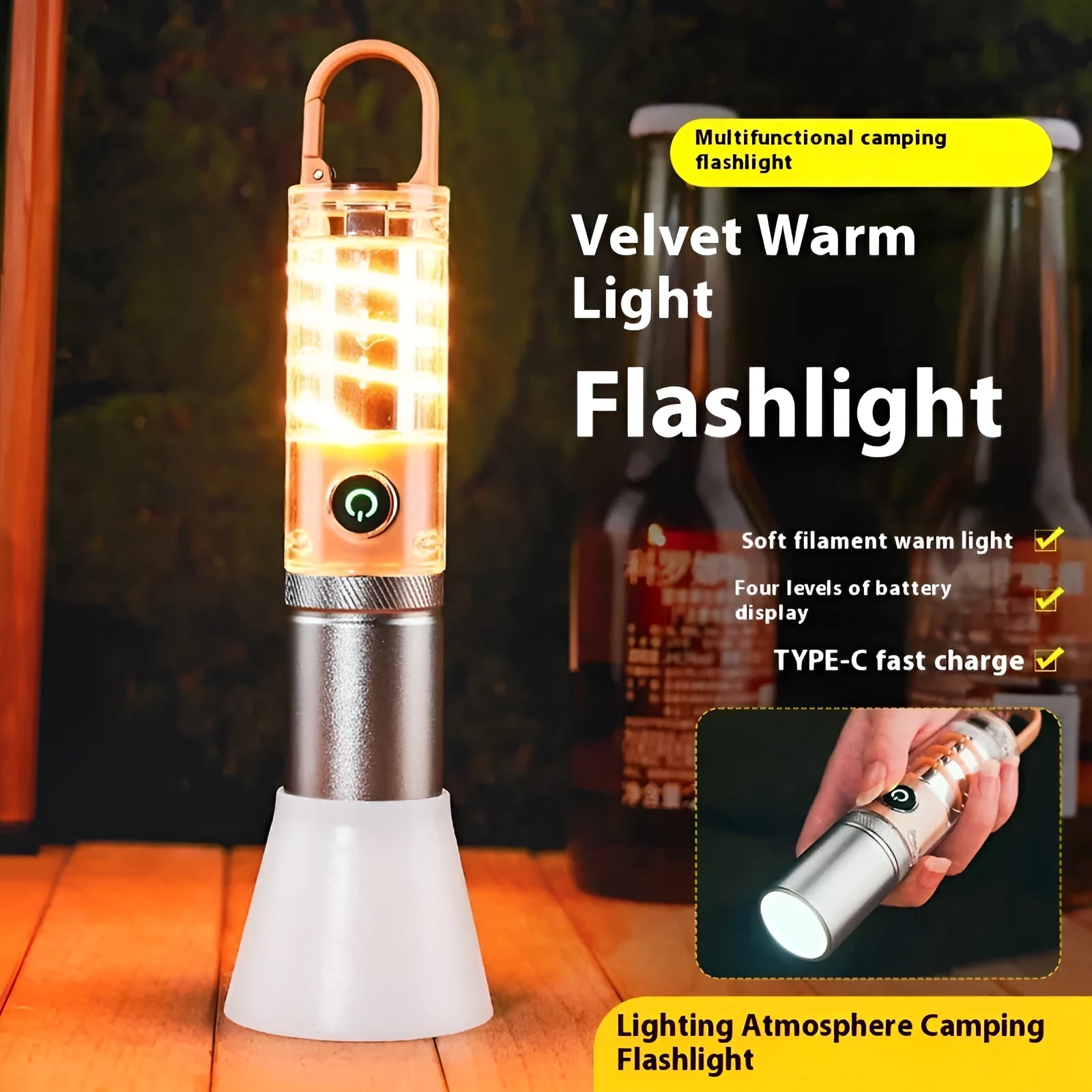 Orange rechargeable LED flashlight with hook attachment showing dual light sources