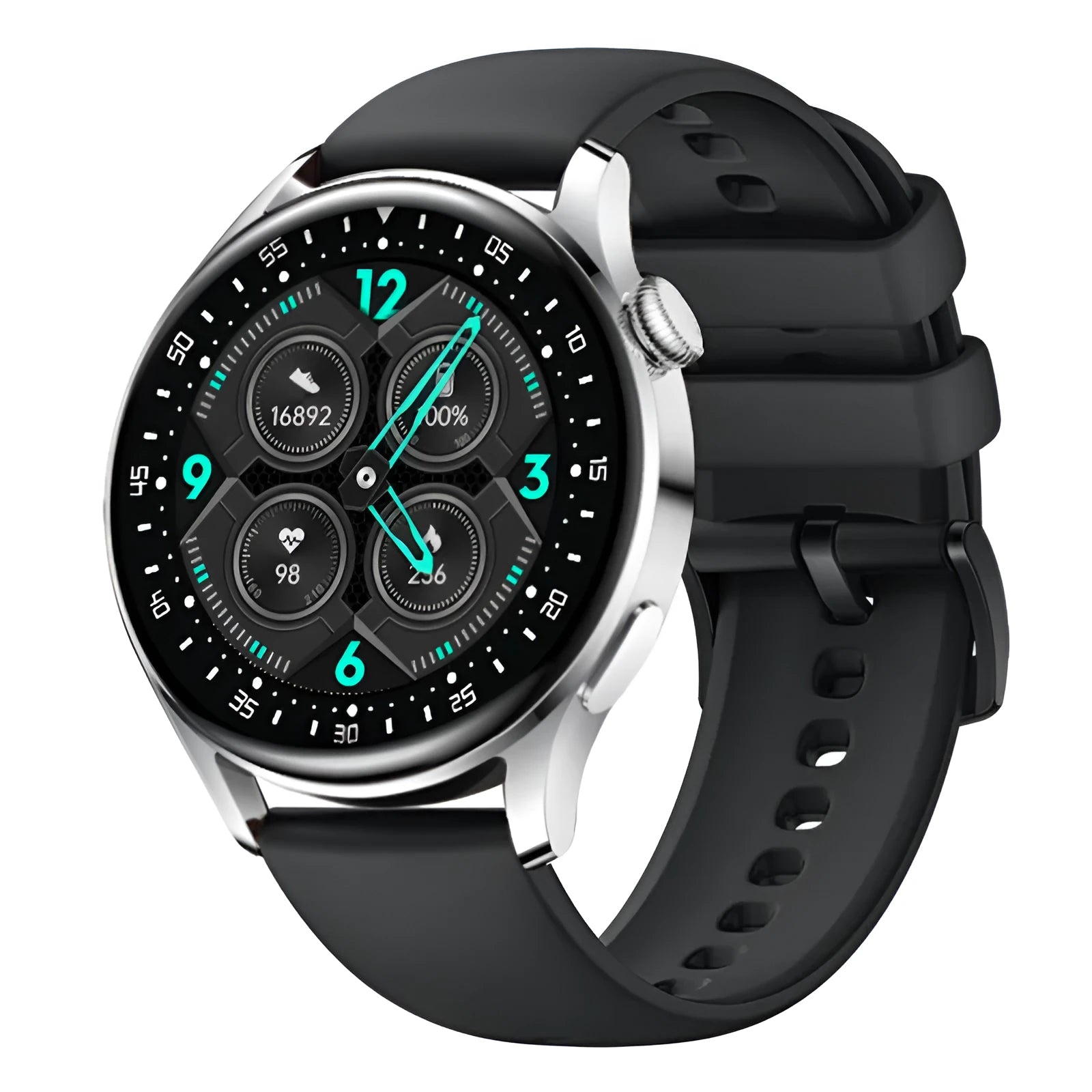 Black sports health monitoring smart watch with 1.32 inch screen and silicone wristband showing step counting interface
