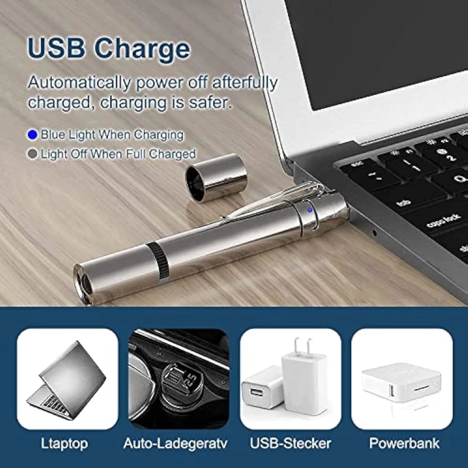 Silver aluminium cat laser pointer toy with USB charging showing light pattern modes