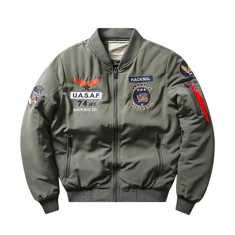 Slim-fit stand collar retro embroidery cotton-padded coat in blue colour with patch pockets
