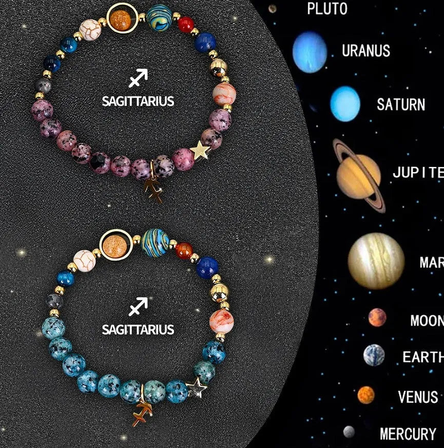 Two natural stone beaded bracelets for zodiac signs laid flat, showing varied bead colours and styles.