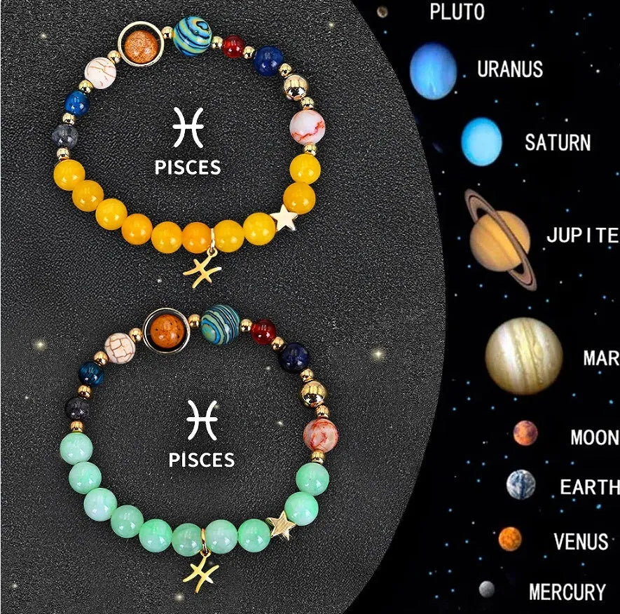Set of twelve natural stone beaded bracelets, each with a different zodiac sign charm, on a white background.