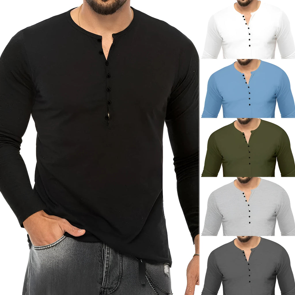 Men's breathable polyester long sleeve henley t-shirt in army green with henley neckline, front view