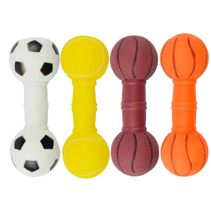 Brown football dumbbell shaped dog chew toy with squeaker
