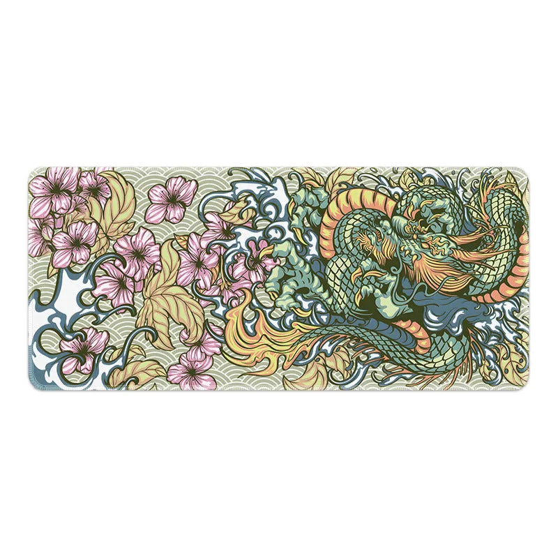 Dragon pattern cloth mouse pad with anti-slip backing showing three artwork variations on desk