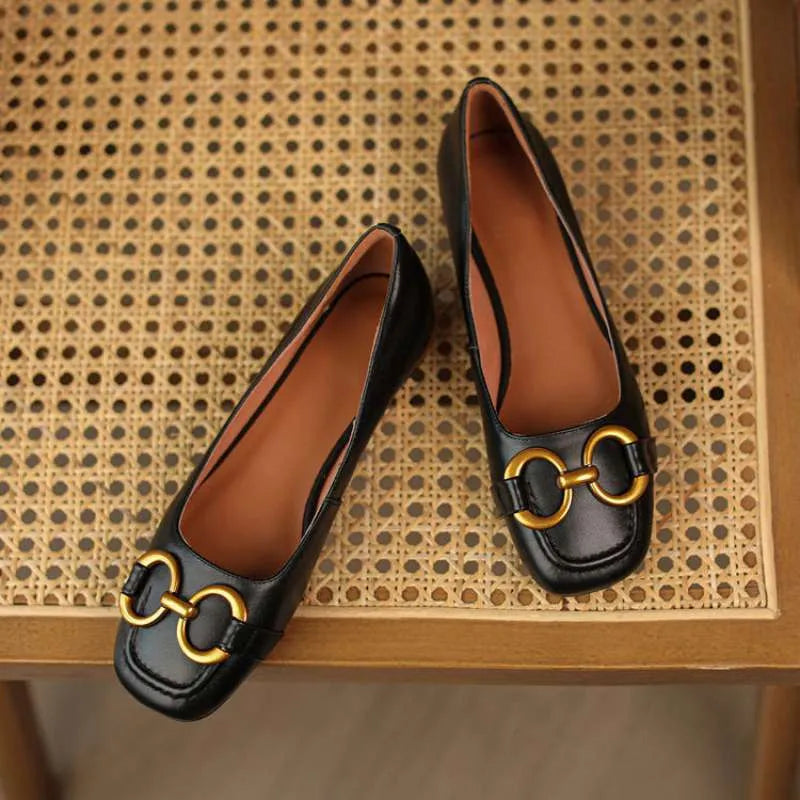 Women's Wanwan Lei style low heel pumps in apricot with square toe and shallow mouth design.