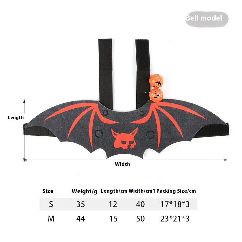 Halloween batwing costume for a cat or small dog made from orange and black felt.