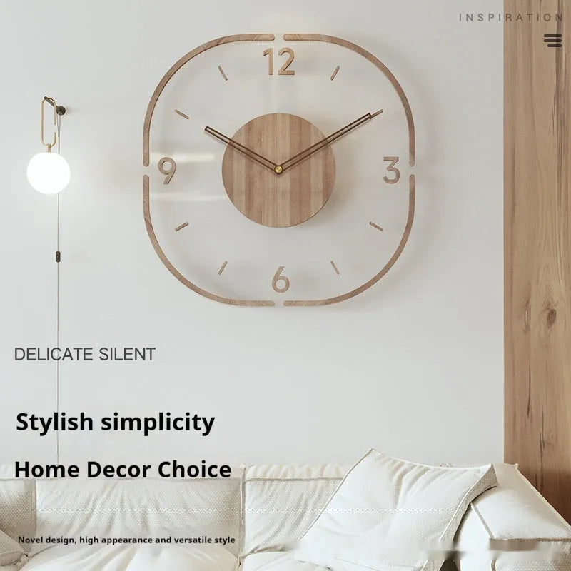 35cm square transparent wooden frame wall clock with modern design