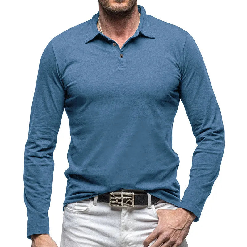 Men's dark grey long sleeve cotton t-shirt with a polo collar, American retro style, laid flat.