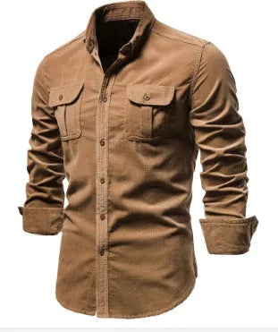 Men's casual linen longsleeve shirt shown in multiple colour options with size label