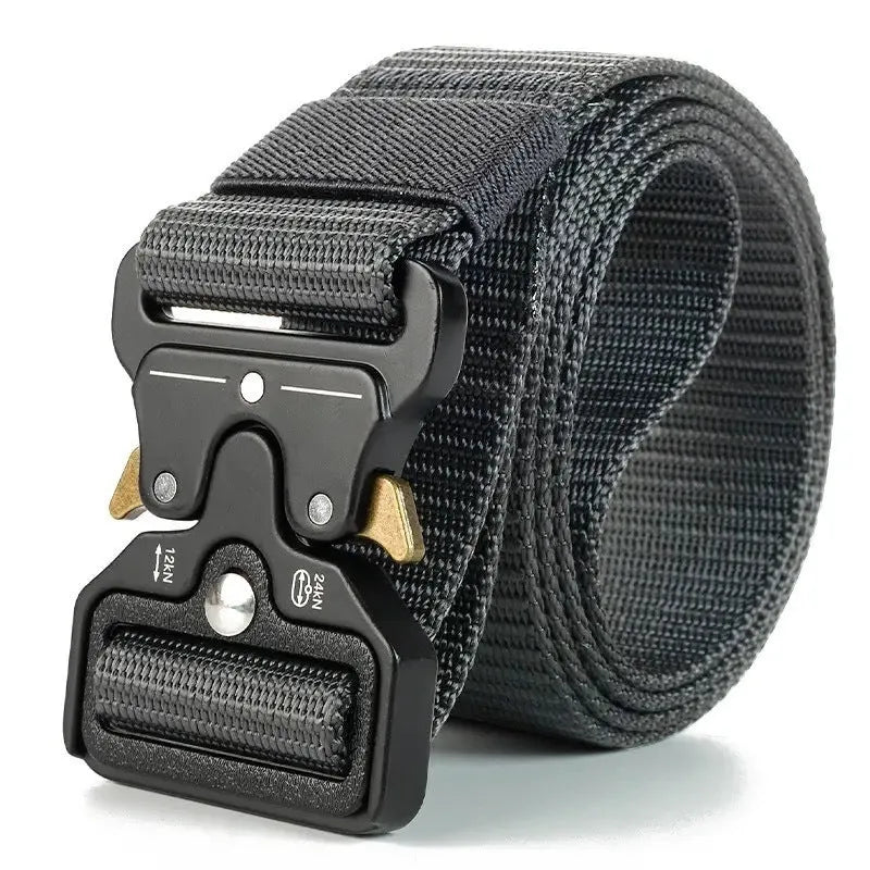 Men's canvas tactical belt with alloy release buckle showing weaving flowers texture treatment