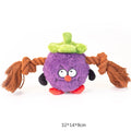Green and purple interactive dog toy with cotton rope knots and a soft plush centre.