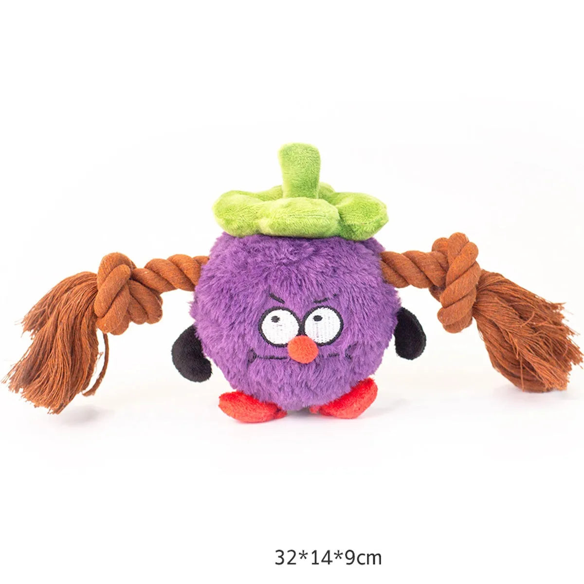Green and purple interactive dog toy with cotton rope knots and a soft plush centre.