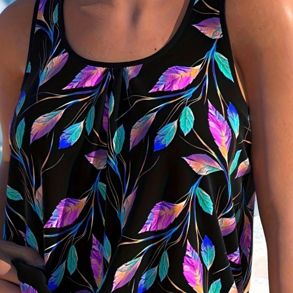 Women's pure colour two-piece swimsuit with green leaf design, showing top and shorts.