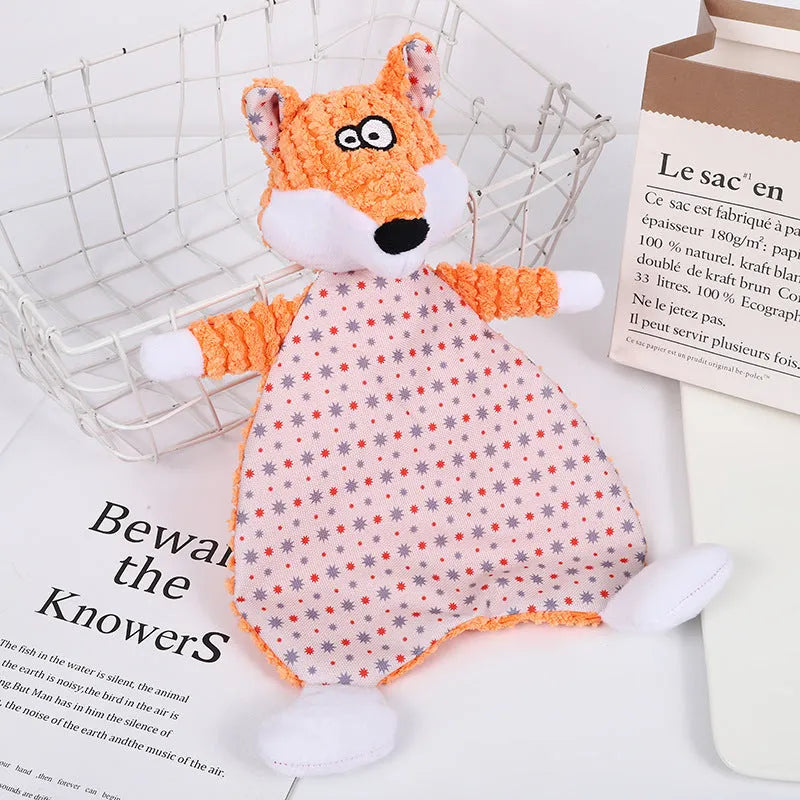 Pet stuffed toy showing fox, elephant, and dinosaur designs in brown, grey, and orange colours with soft velvet material