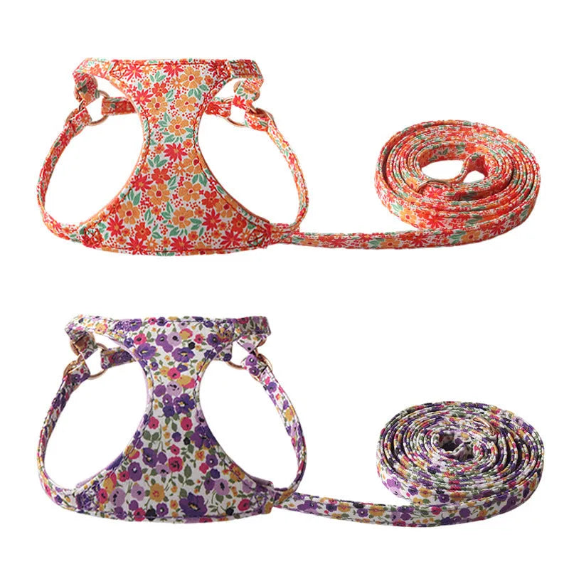Cloth dog harness and leash set shown in an orange colour, with size options for small to medium dogs.