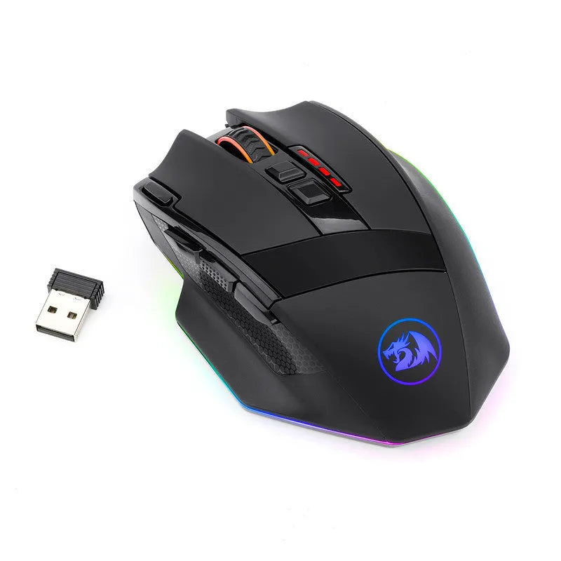 Black Redragon M801P dual-mode wireless and wired gaming mouse on a desk